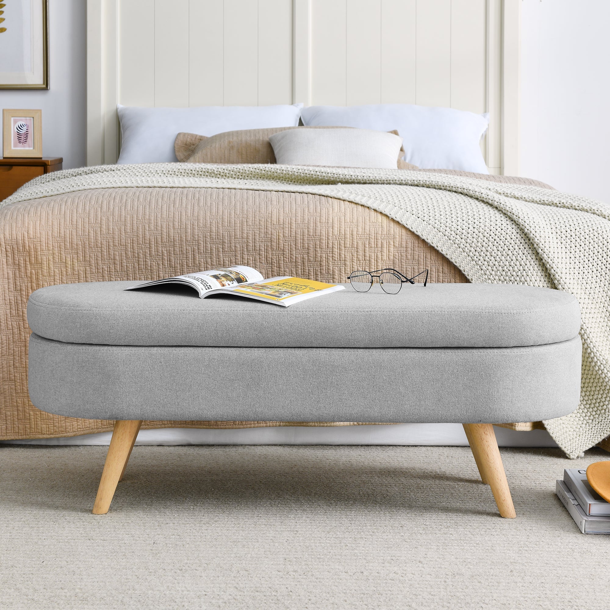 Ottoman Oval Storage Bench Rubber Wood Legs Grey(43.5"x16"x16")