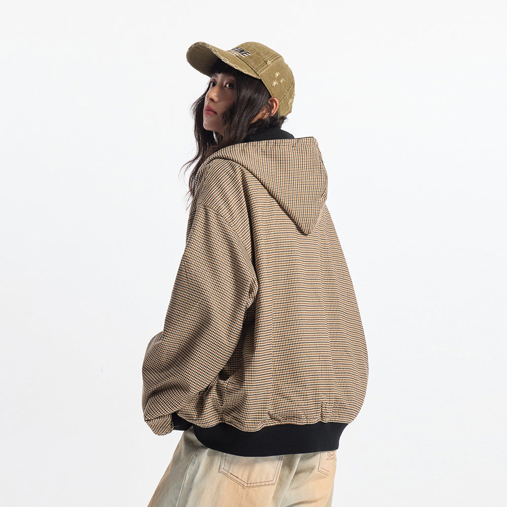 Double-sided Wear Hooded Cardigan Unisex Spring and Autumn Casual Loose Fit Plaid Short Jacket Two-Way Wearing