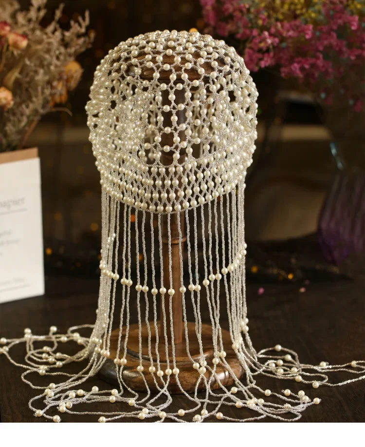 Handmade hollowed out headpiece performance pearl tassel hat