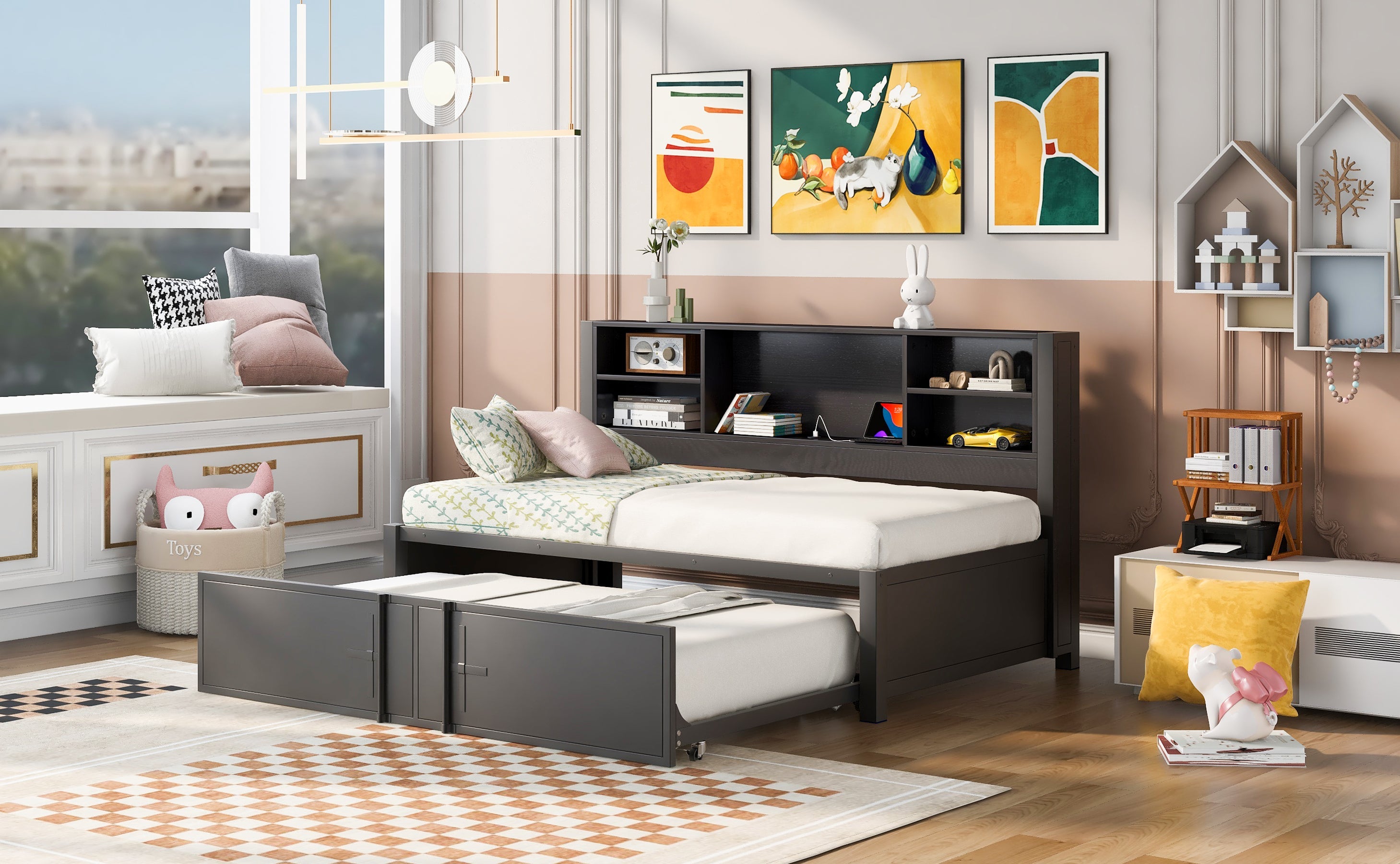 Metal Twin Size Daybed with Twin Size Trundle  Storage Shelves and USB Ports  Black