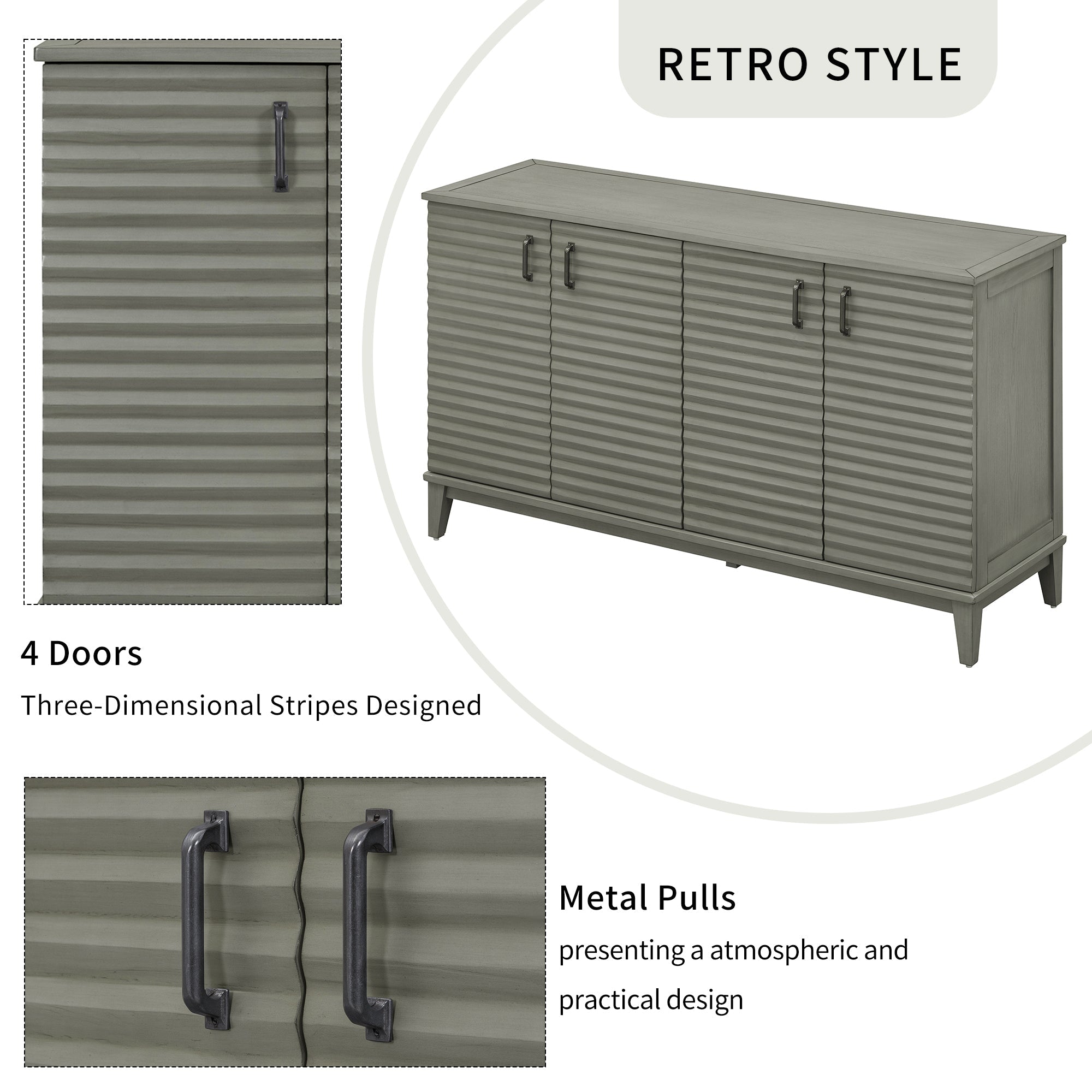 TREXM side panel with 4-door large storage buffet, adjustable shelves and metal handles (antique gray)