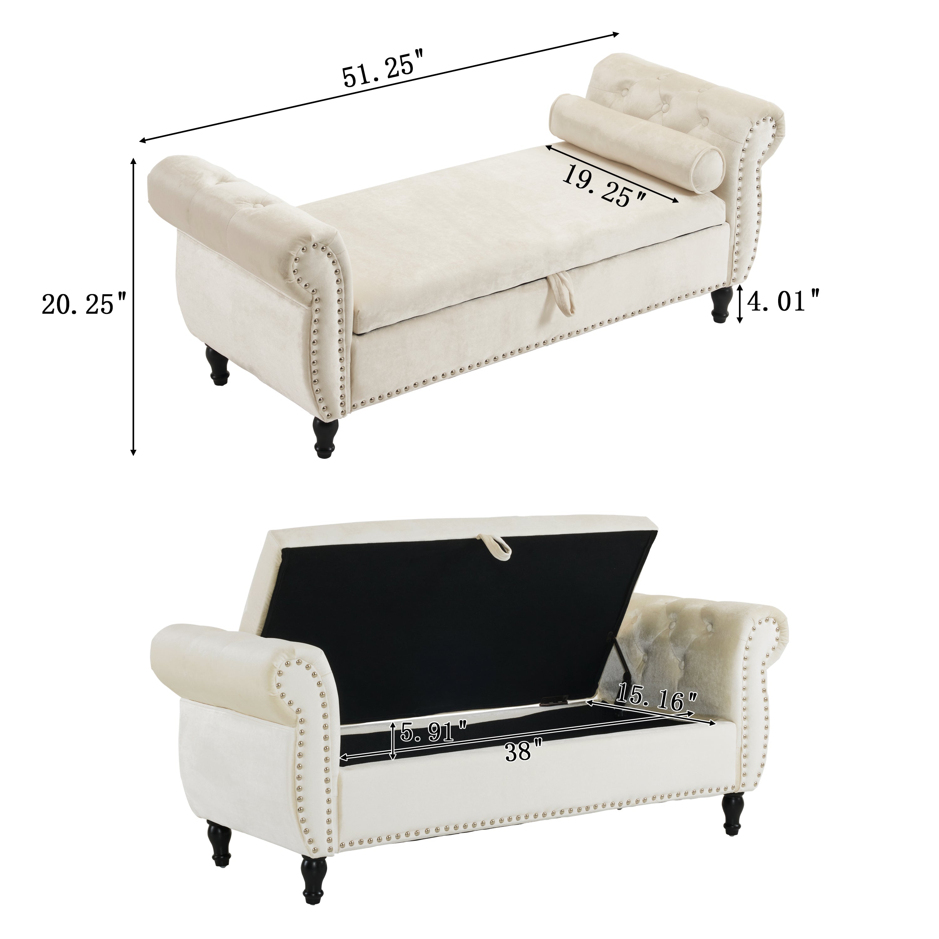 Velvet Multifunctional Storage Rectangular ottoman bench with 1 Pillow, Beige