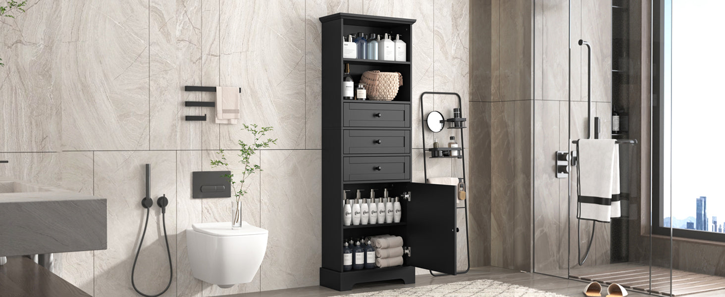 Black high storage cabinet with 3 drawers and adjustable shelves, MDF board painted