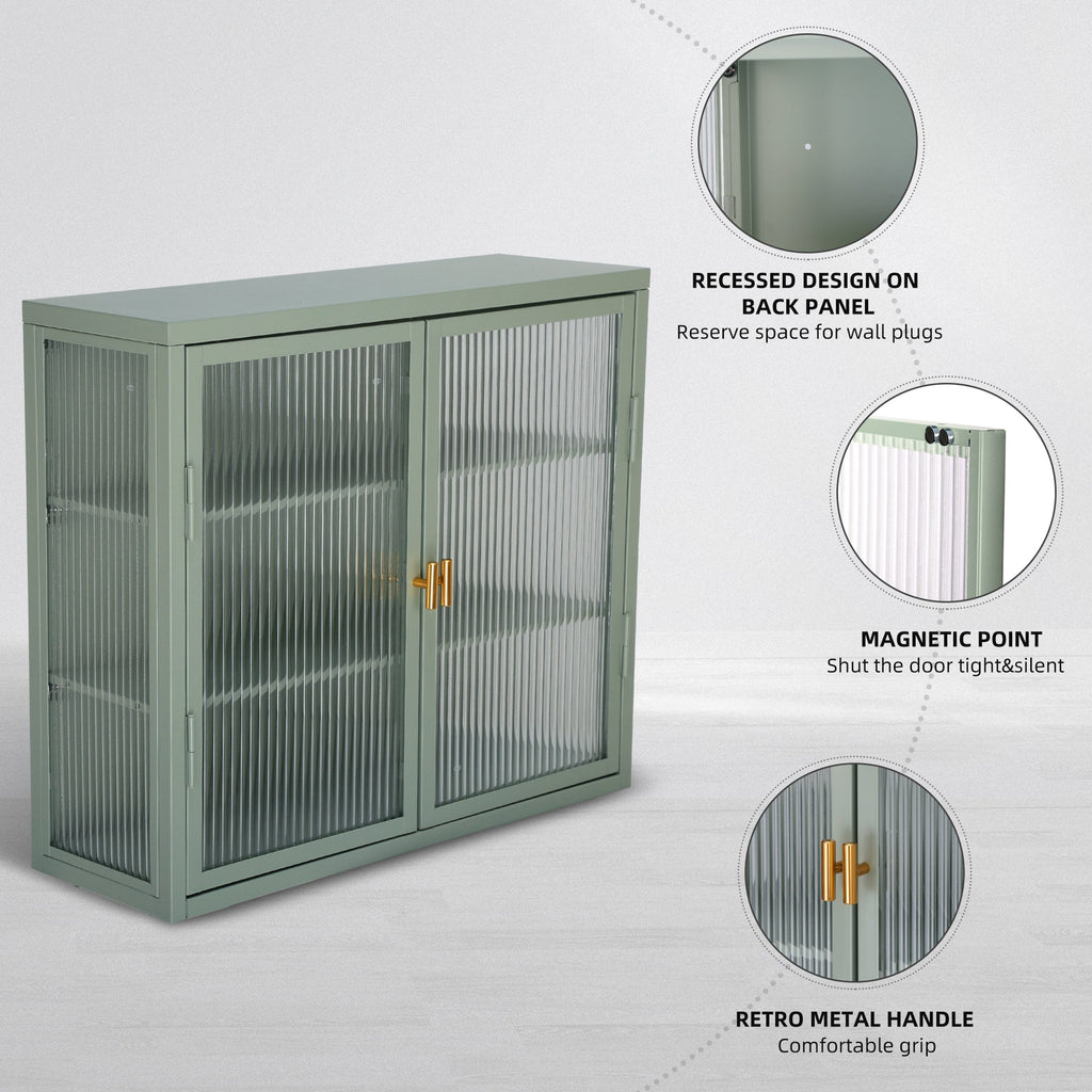 Retro Style Haze Double Glass Door Wall Cabinet With Detachable Shelves for Office Dining Room Living Room Kitchen