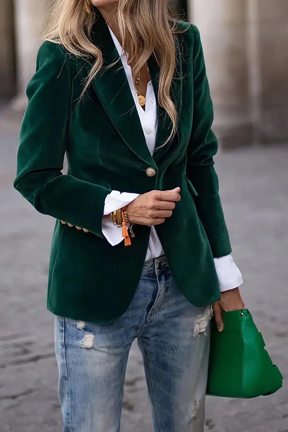 One-Button Lapel Collar Long Sleeve Blazer for Women