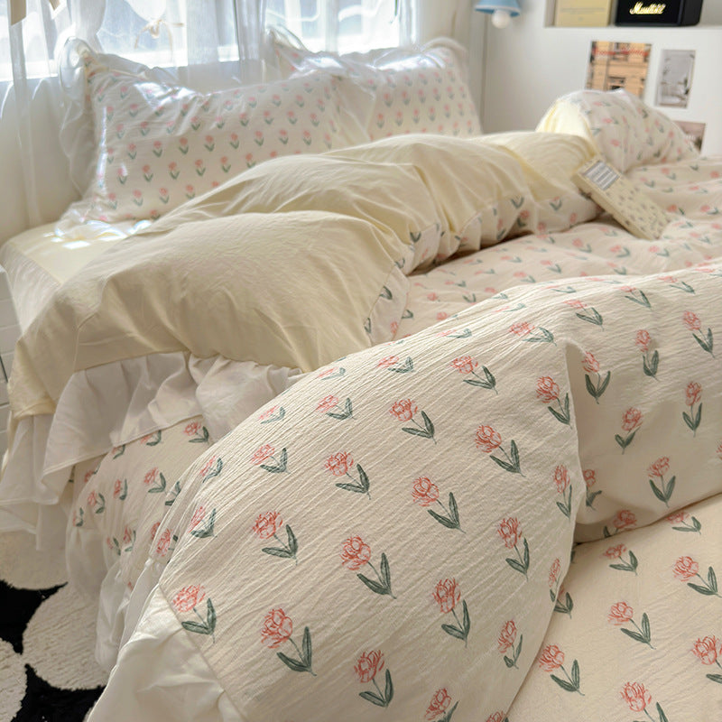 Skin friendly French romantic lace washed cotton printed bed bedding skirt four piece set of bed sheets bedsheet