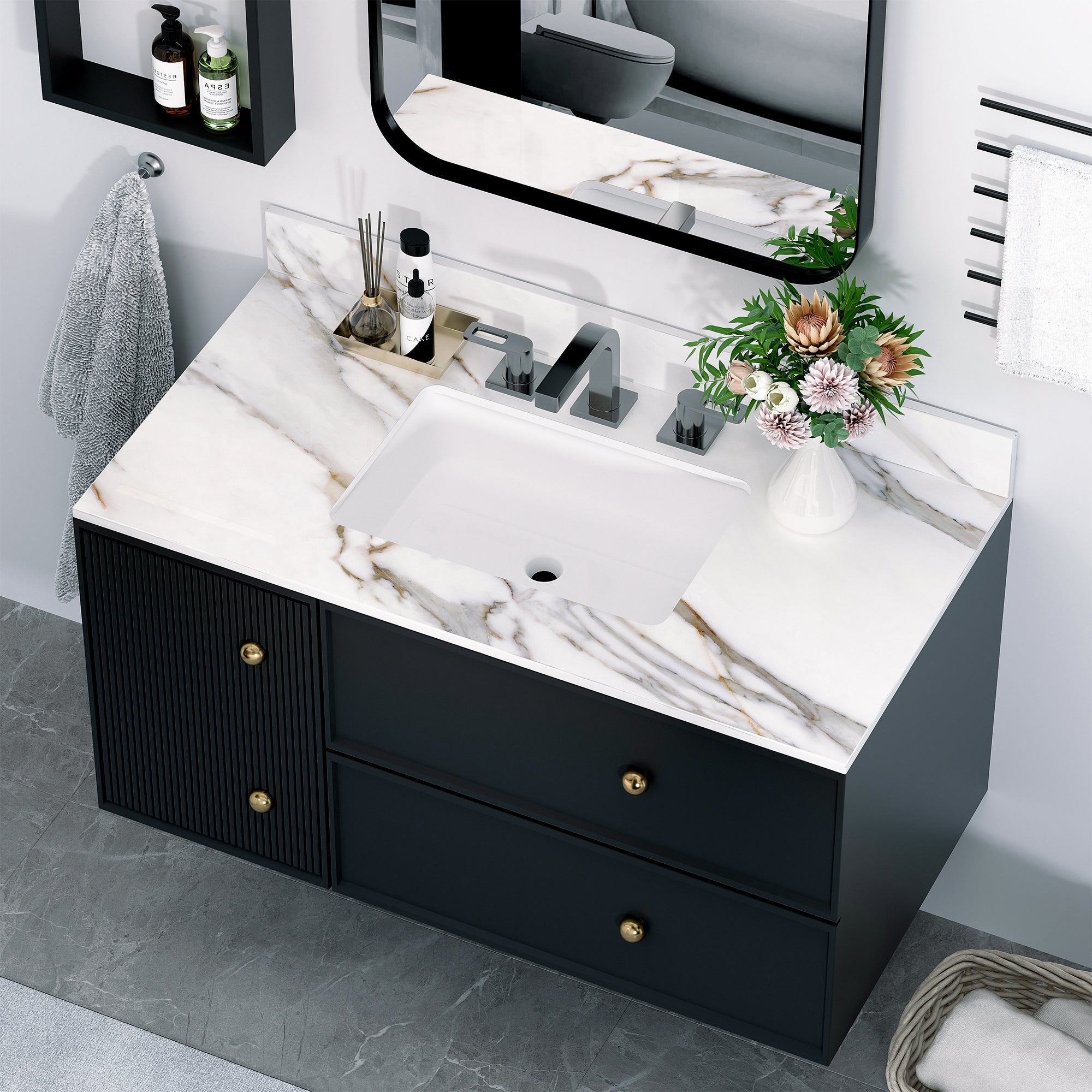 43 inch marble countertop with base rectangular central sink and 4-inch high splash guard, pre drilled 8-inch faucet hole ，white
