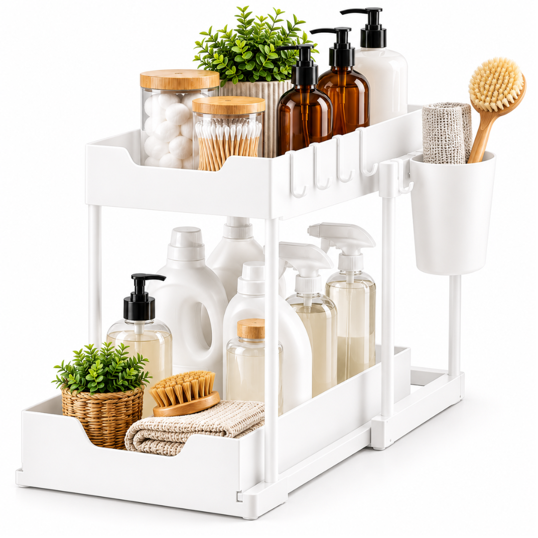 New 2 Tier Under Sink Organizer, Pull Out Sliding Rack, Multi-Function Shelf for Kitchen Bathroom,Space Saving Cabinet Organizer