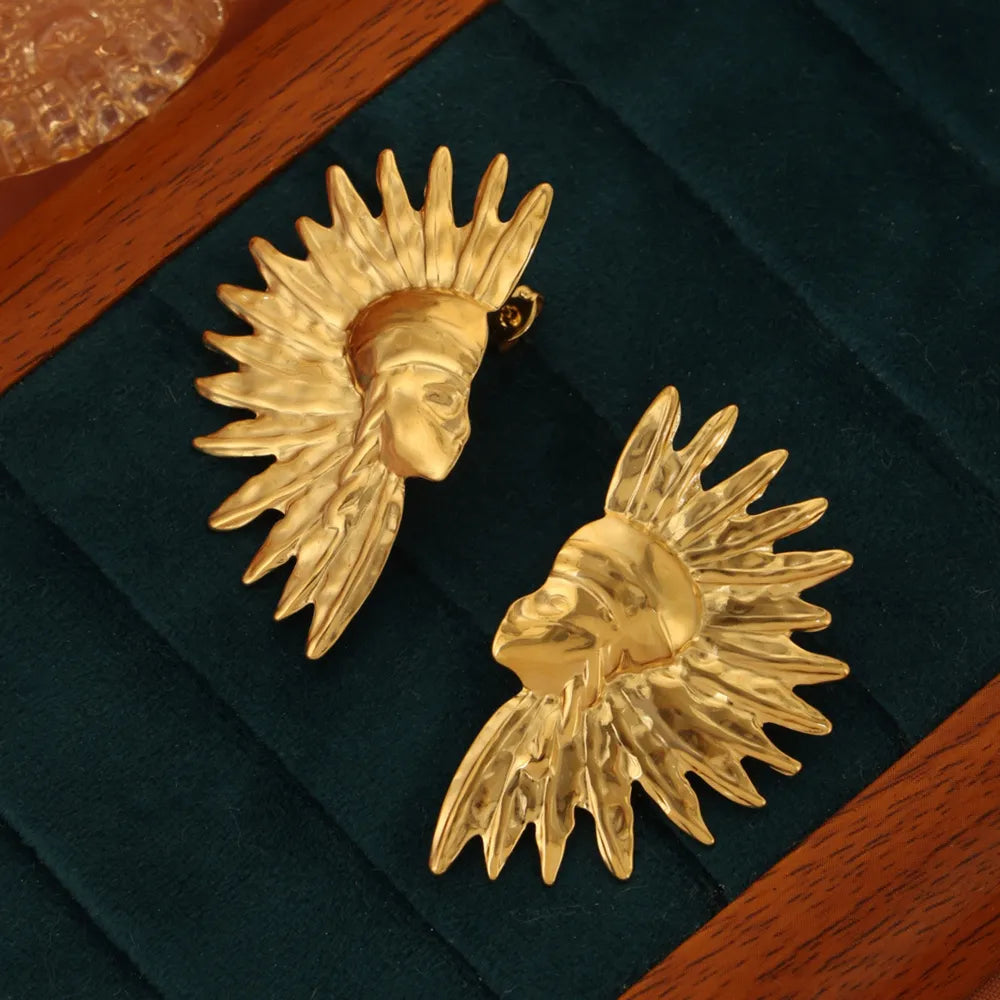 Geometric jewelry with wrinkled texture Indian style design titanium steel gold-plated earrings