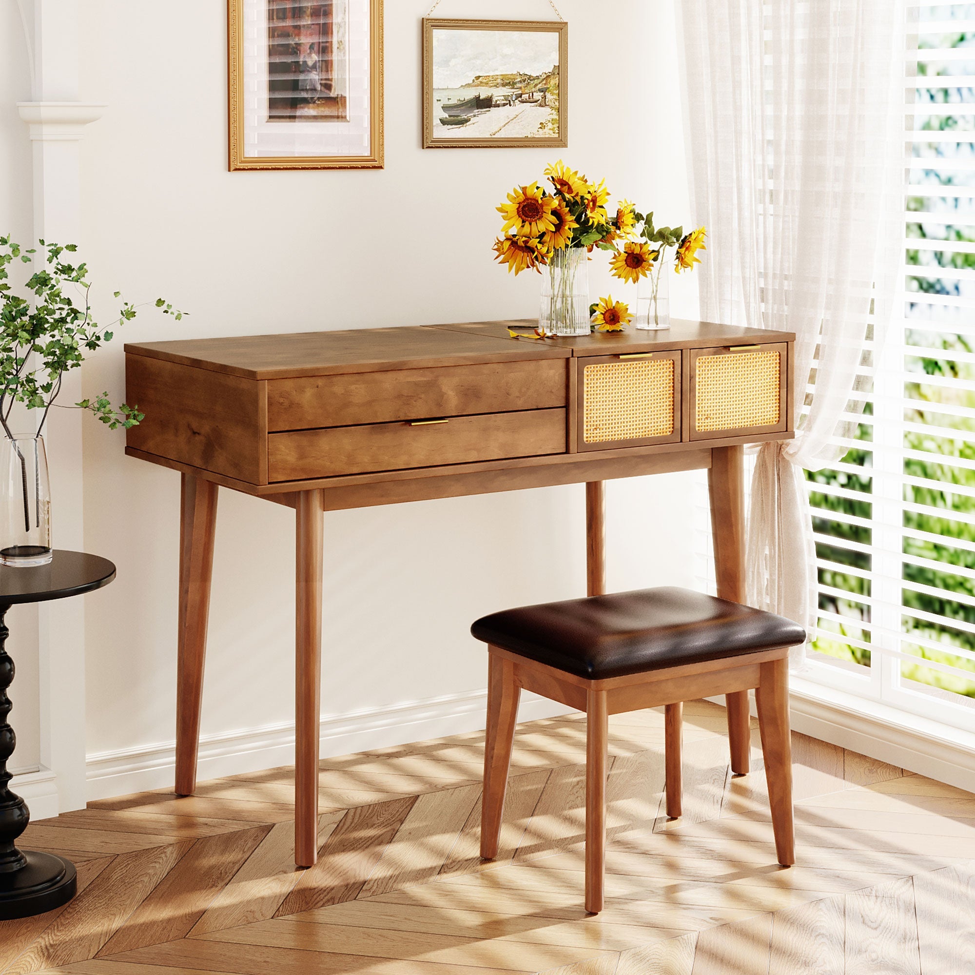 43.3 "Wooden vanity set with flip mirror and stool, three drawers and storage space for dressing table, brown