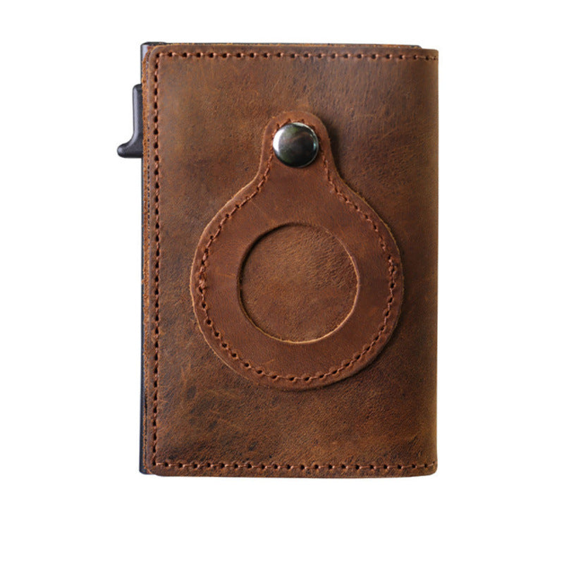 Leather Sliding Wallet Bi-Fold Credit Card Wallet Automatic Pop-Up Card Holder With Air Tag Protective Sleeve