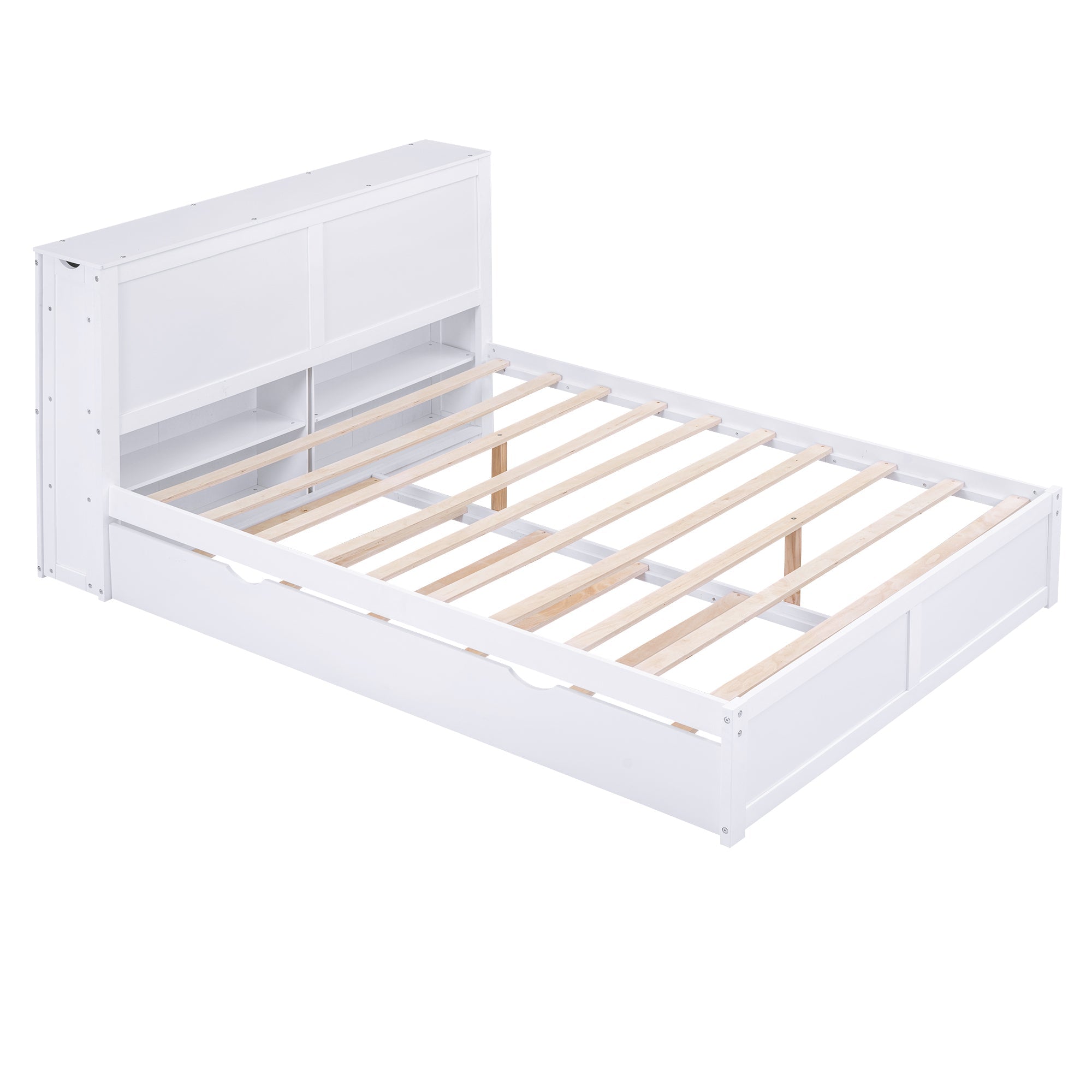 Queen Size Storage Platform Bed with Pull Out Shelves and Twin XL Size Trundle  White