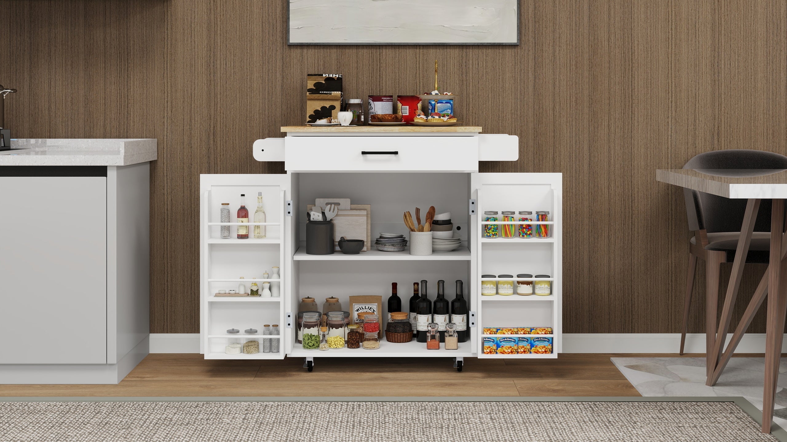 Kitchen island rolling trolley cart with 1 drawer & 2 doors with storage racks & Adjustable Shelves & towel rack