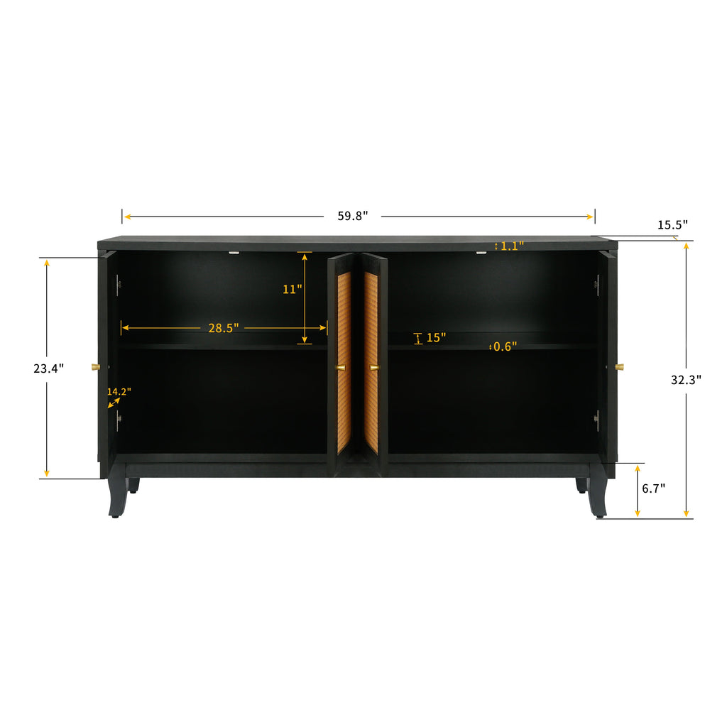 Handcrafted Premium Grain Panels Rattan Sideboard Buffer Cabinet Accent Storage Cabinet With 4 Rattan Doors BLACK