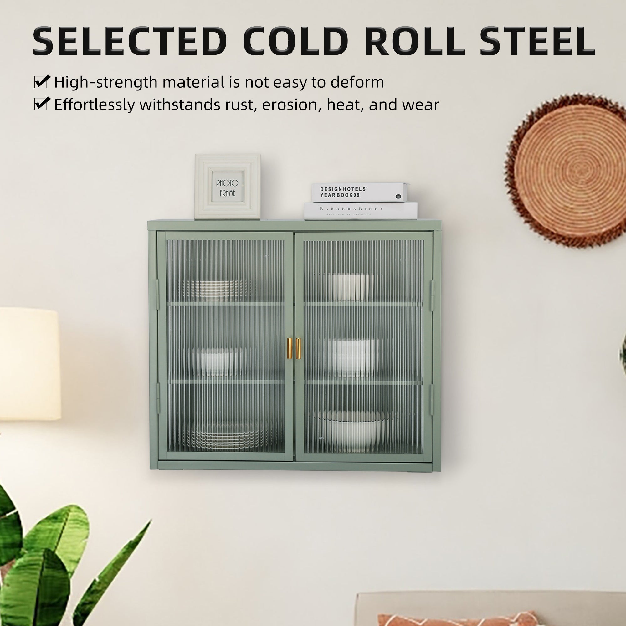 Retro Style Haze Double Glass Door Wall Cabinet With Detachable Shelves for Office Dining Room Living Room Kitchen