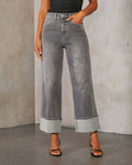 Straight leg jeans women's retro rolled edge high waisted pants