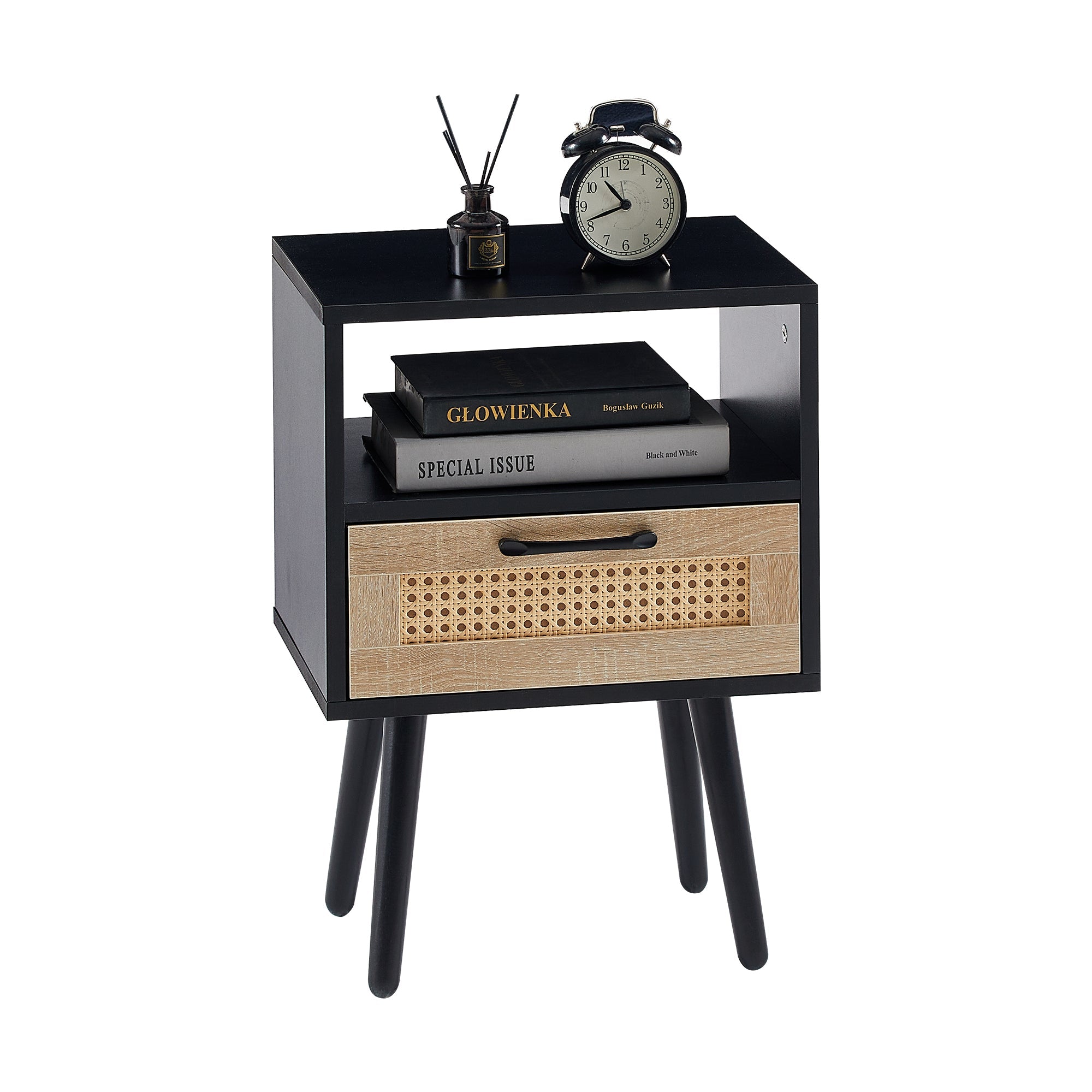 15.75" Rattan End table with drawer and solid wood legs Modern nightstand side table for living room black