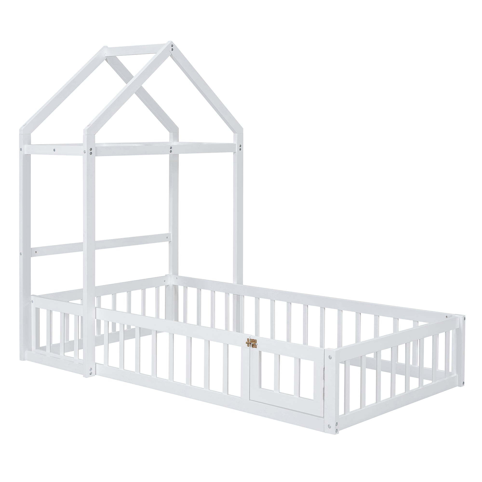 Wooden Twin Size Children's Bed with Detachable Headboard and Integrated Clothes Drying Rack, White