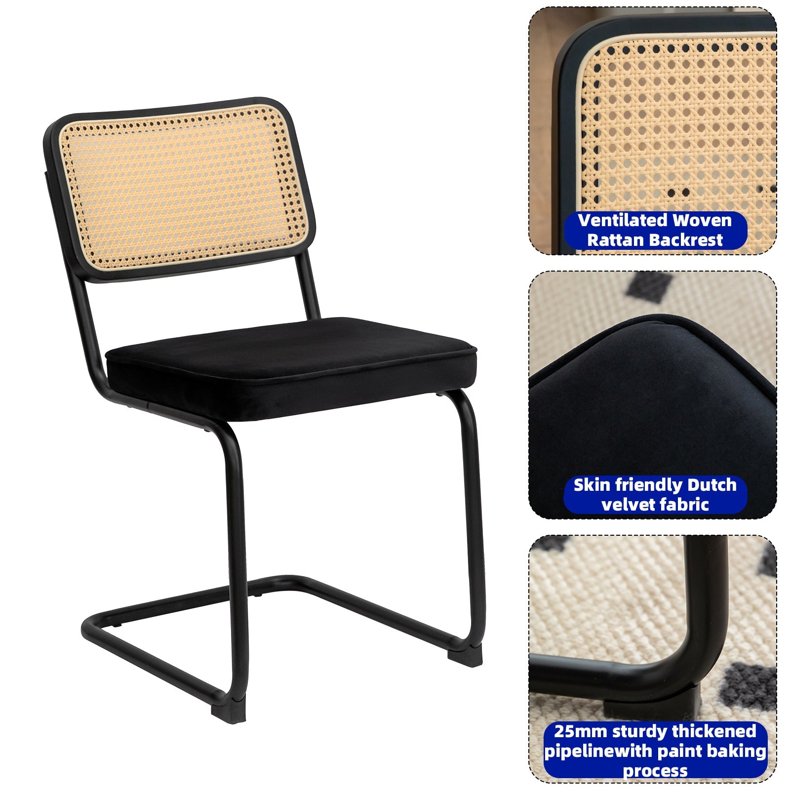 Dining Chairs Set of 2 velvet wicker side decorative chairs, black painted legs, modern medieval Bruell designed chairs,