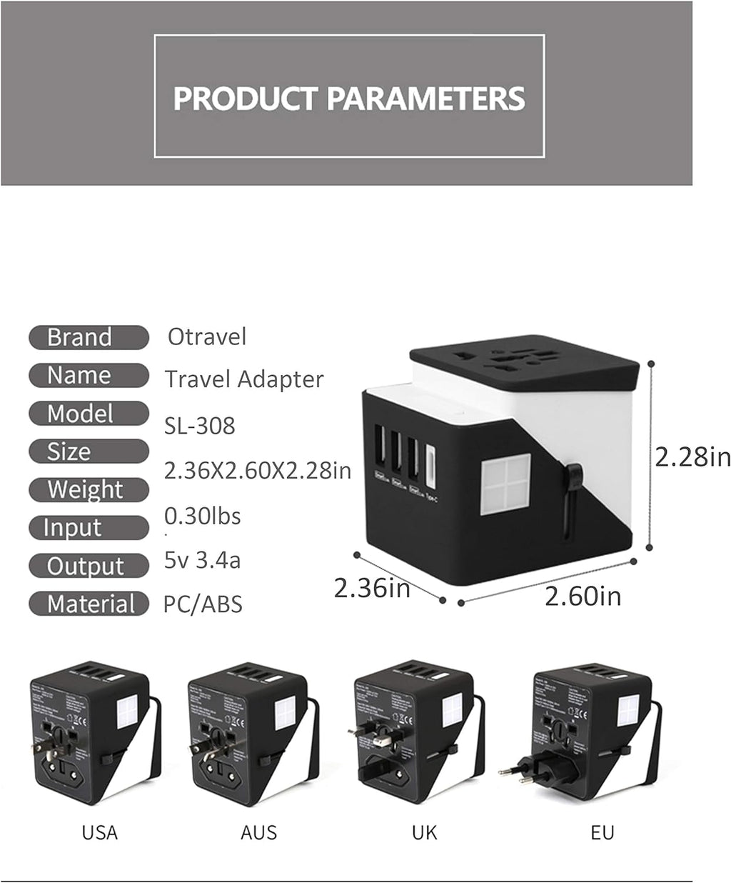 2019 , 3 USB + 1 Typc C International Power Adapter for Europe, UK, China, Australia, Japan and More 200 Countries Black Green
