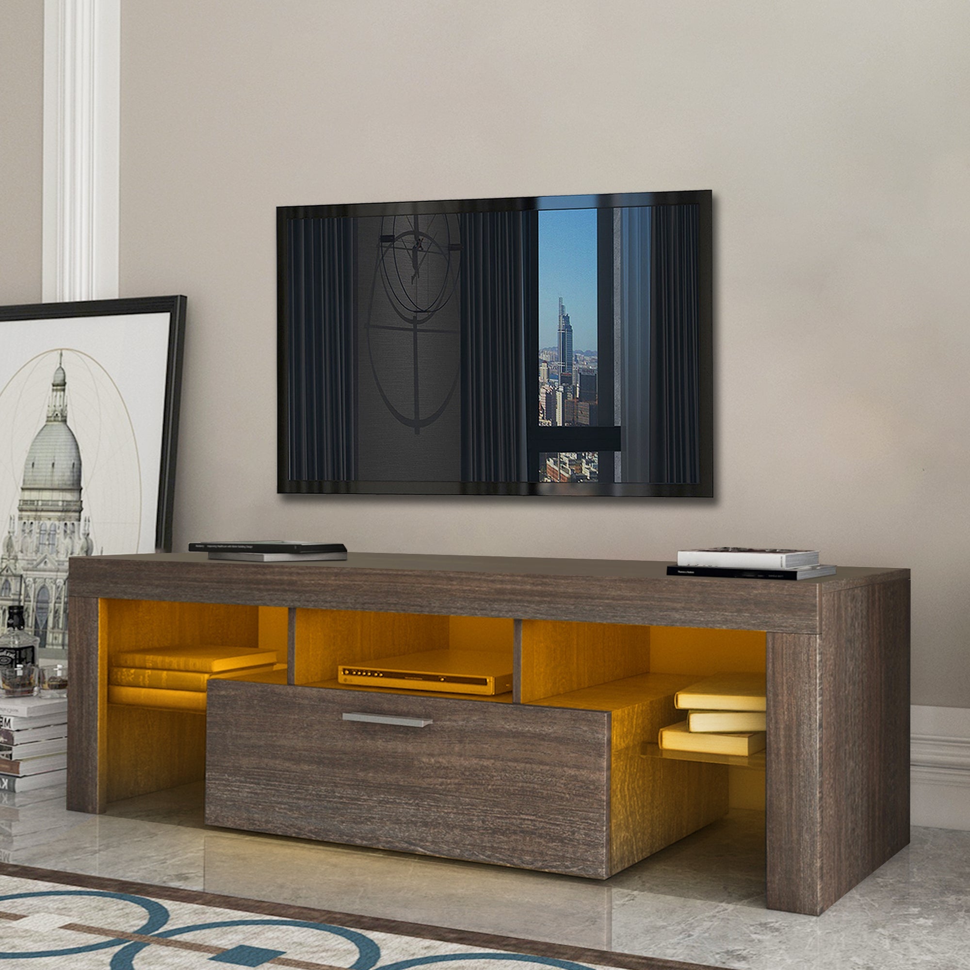 20 minutes quick assembly brown simple modern TV stand Brown TV bracket with LED Color Changing Lights for Living Room