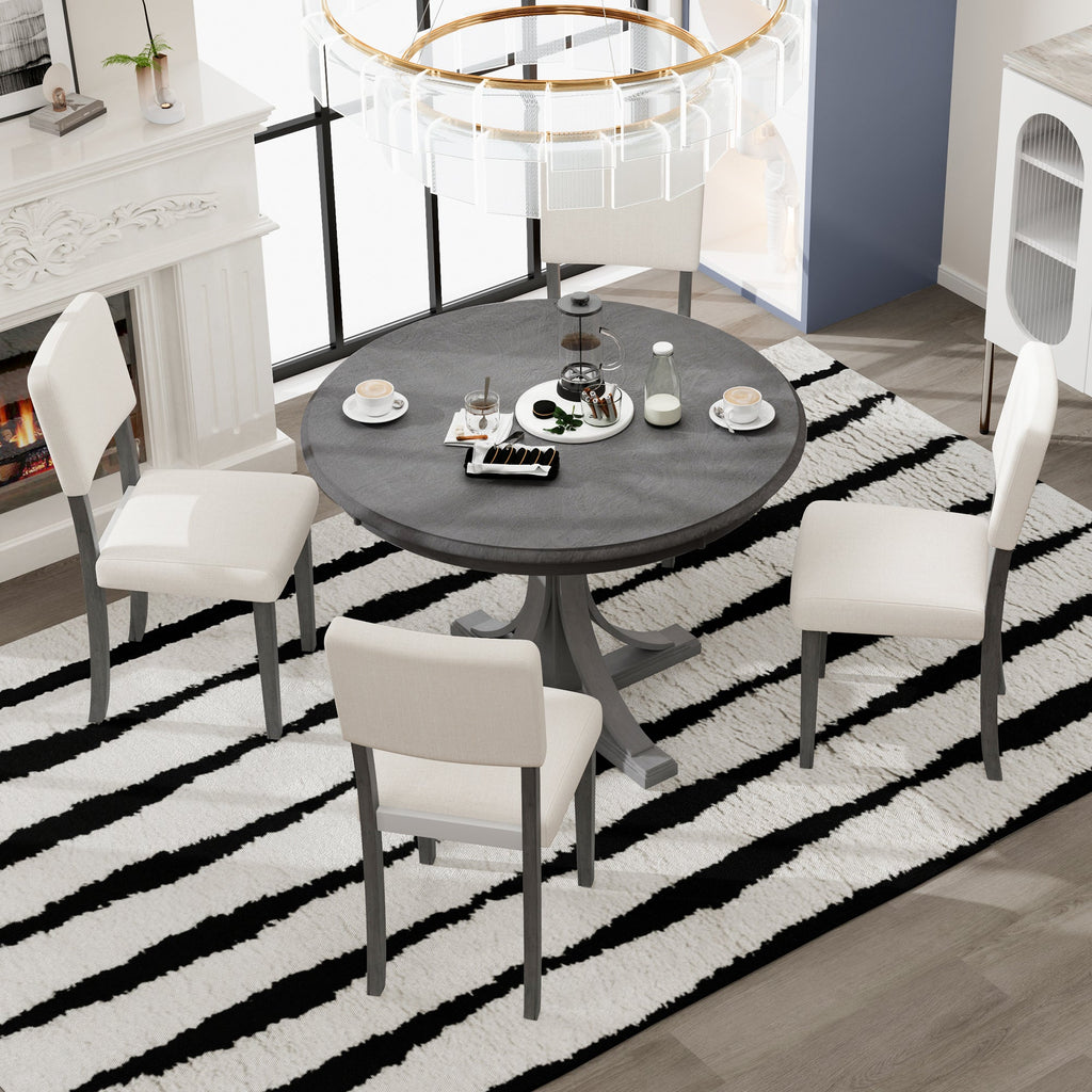 TREXM Five Piece Retro Round Dining Table Set with Curved Brackets and 4 Restaurant Cushioned Chairs (Dark Gray)