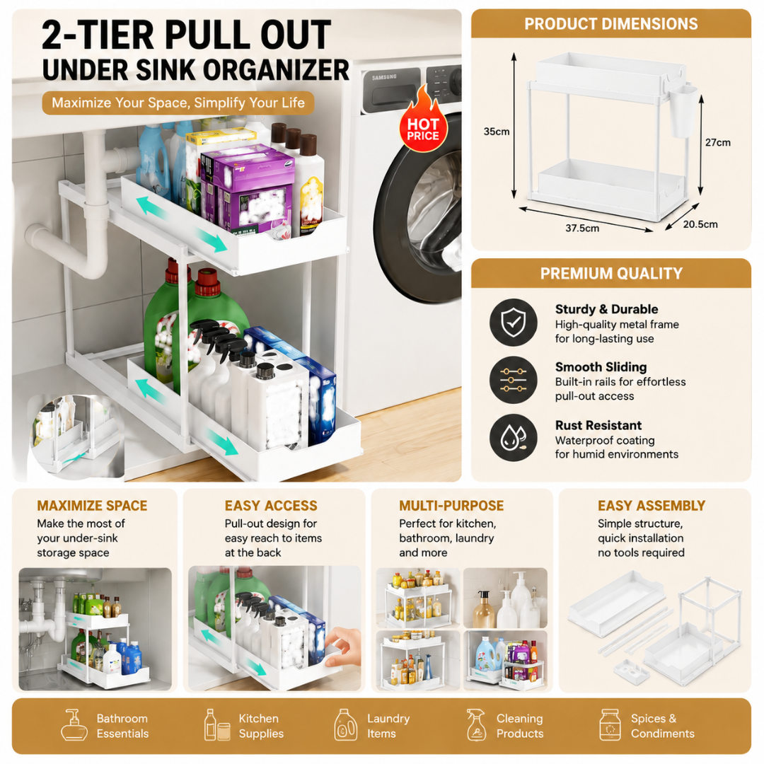 New 2 Tier Under Sink Organizer, Pull Out Sliding Rack, Multi-Function Shelf for Kitchen Bathroom,Space Saving Cabinet Organizer