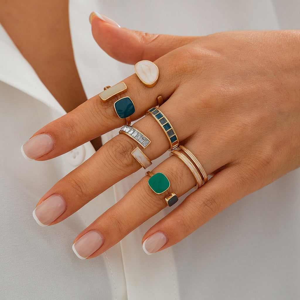 French retro irregular alloy ring light luxury style geometric drip oil ring set