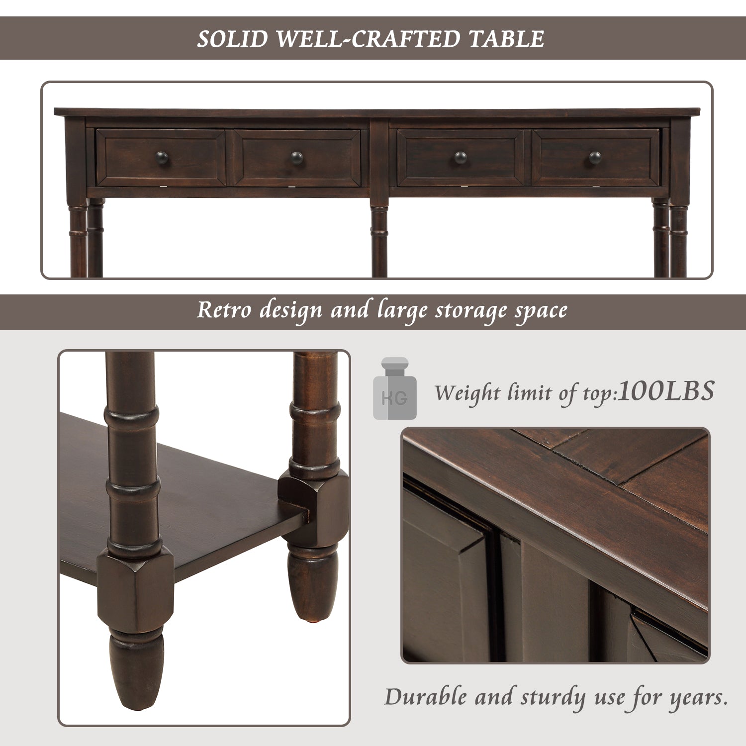 TREXM Console Table Sofa Table Easy Assembly with Two Storage Drawers and Bottom Shelf for Living Room Entryway (Espresso)