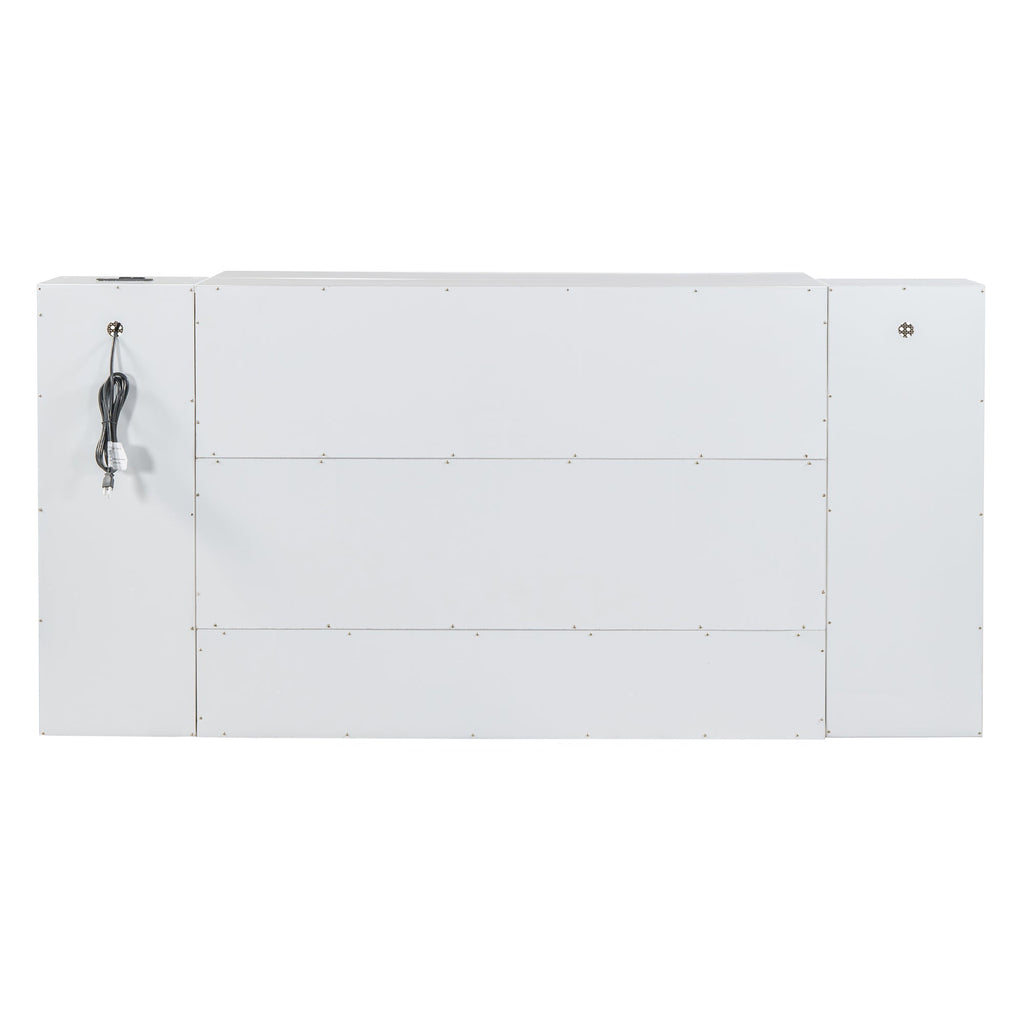 Large Murphy bed wall mounted bed with drawers, 2 storage cabinets, 1 set of sockets and USB ports, white