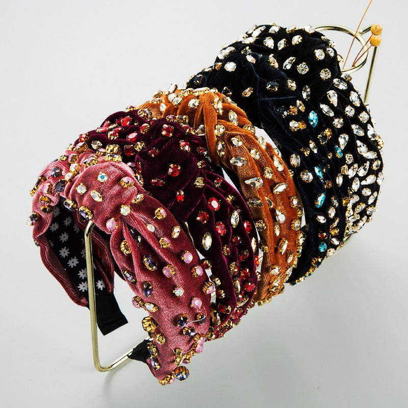 Fashionable gold velvet hand sewn full diamond hairband