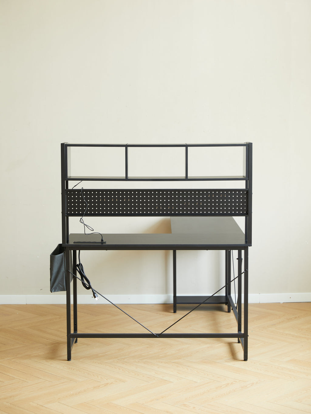 94.5 Inch Home Office Desk L shape gaming desk with LED storage Shelves METAL PANNEL and stool (BLACK)
