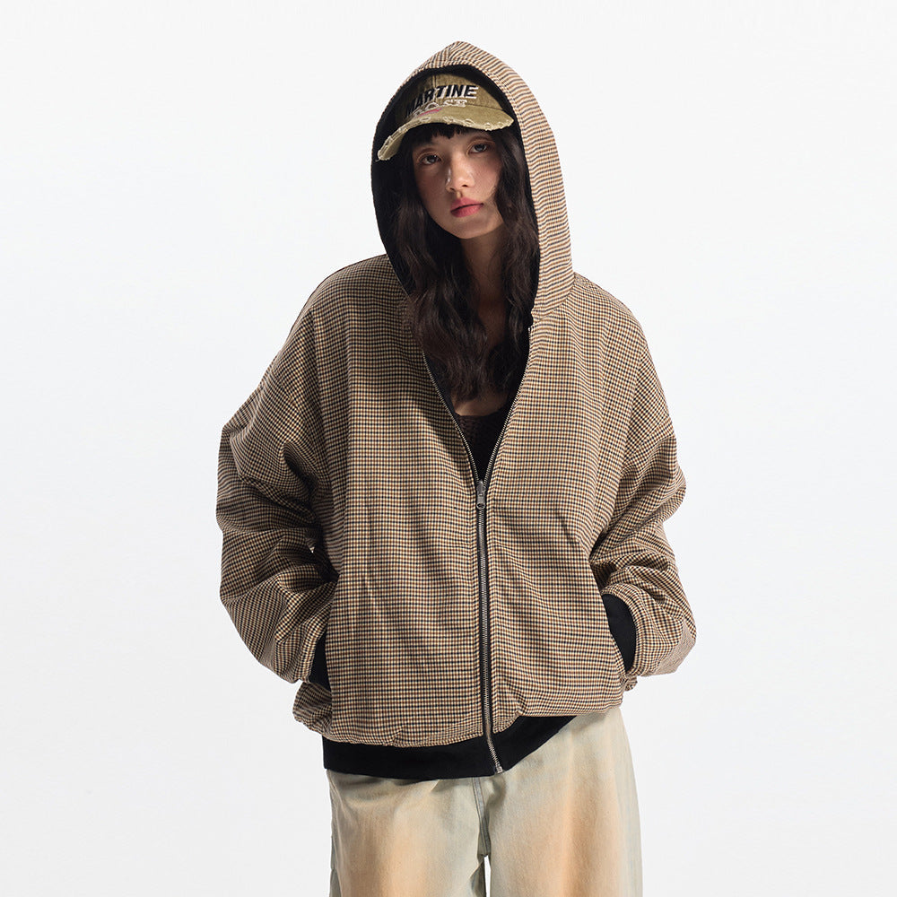 Double-sided Wear Hooded Cardigan Unisex Spring and Autumn Casual Loose Fit Plaid Short Jacket Two-Way Wearing