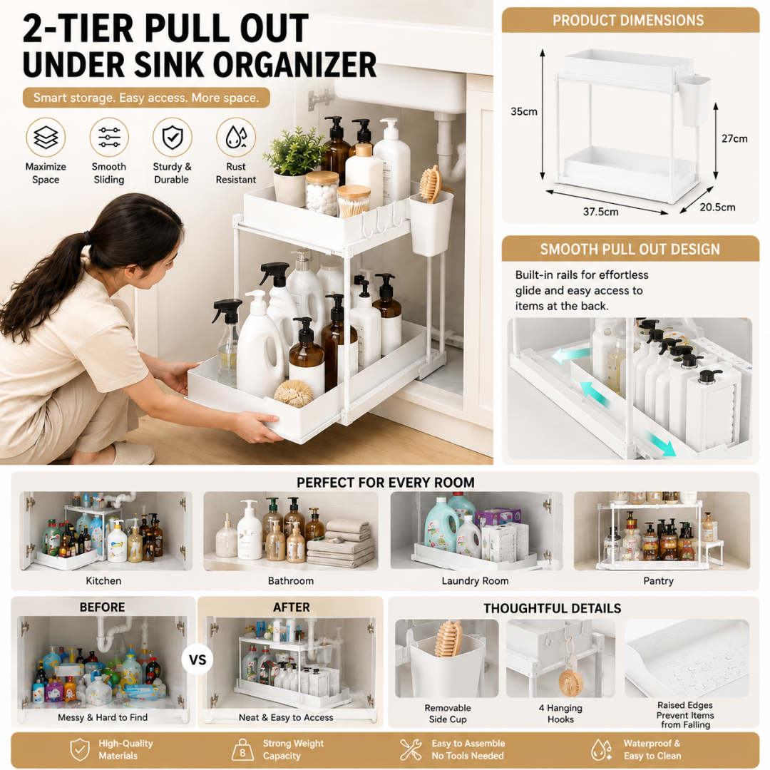 New 2 Tier Under Sink Organizer, Pull Out Sliding Rack, Multi-Function Shelf for Kitchen Bathroom,Space Saving Cabinet Organizer