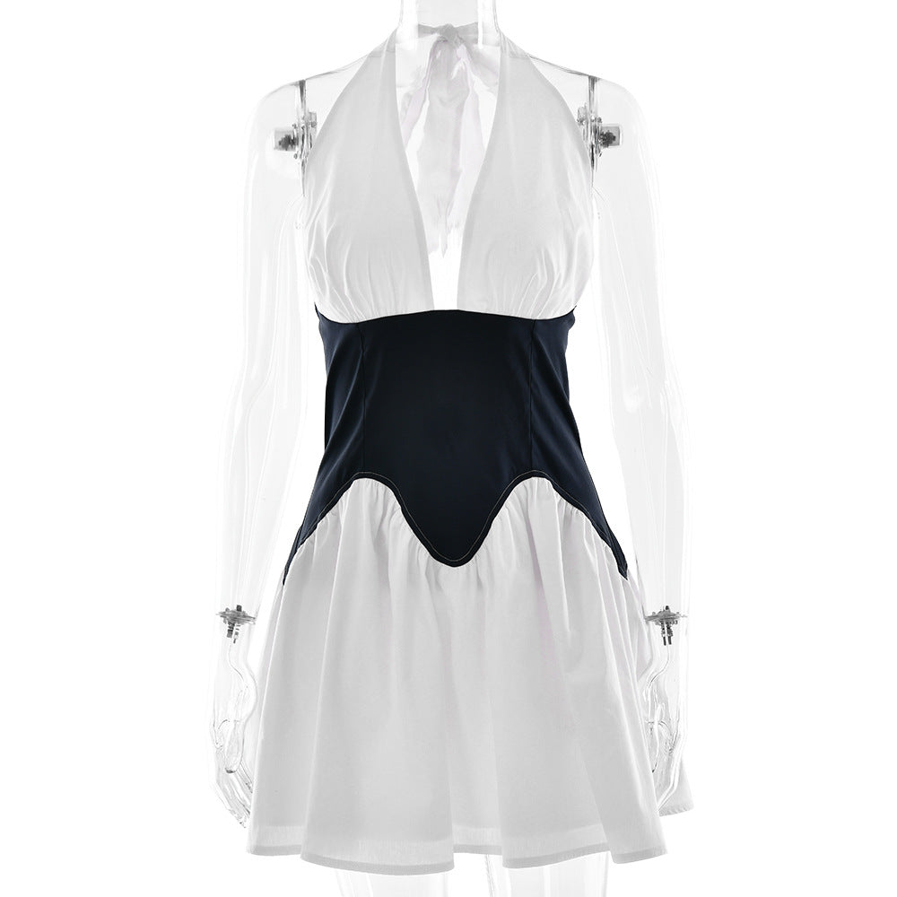 Style Fashion Splicing A-Line Dress with Sexy Deep V-Neck Halter Waist-Cinching Design