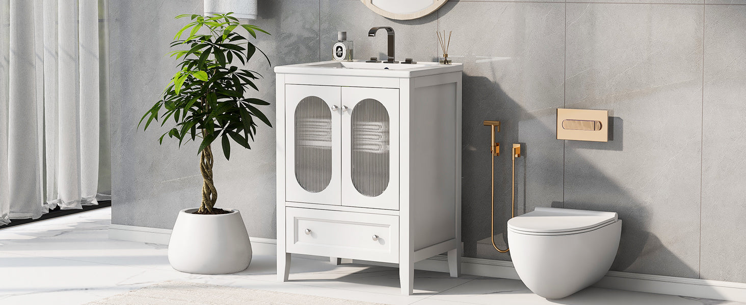 24" Bathroom Vanity with Sink, Bathroom Vanity Cabinet with One Drawer and Doors, Adjustable Shelf, Solid Wood and MDF, White
