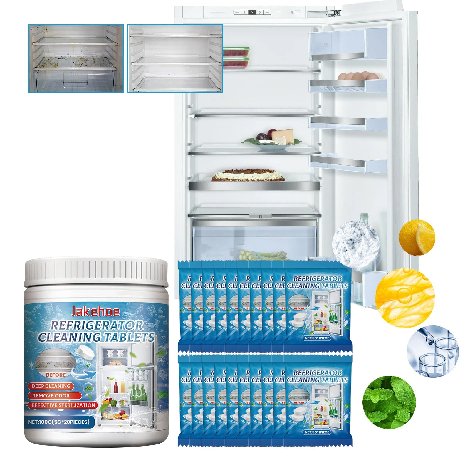 Refrigerator Cleaning Tablets, Refrigerator Freezer Deep Cleaning Descaling Go Dirt Odor Effervescent Tablets