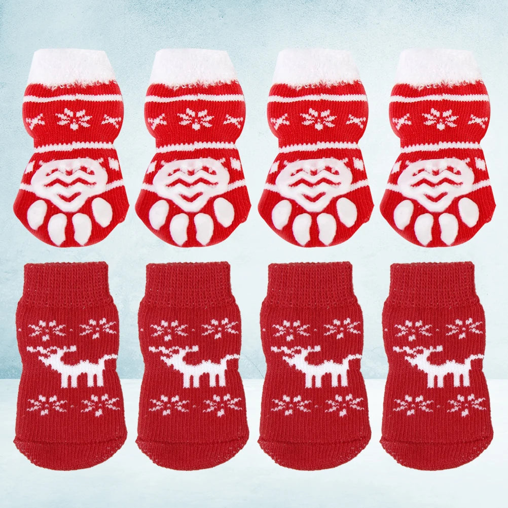8pcs Pet Warm Cotton Socks Soft Anti Slip Claw Pattern Protect Feet Cold Snow Christmas Dog Cat Stockings Gifts