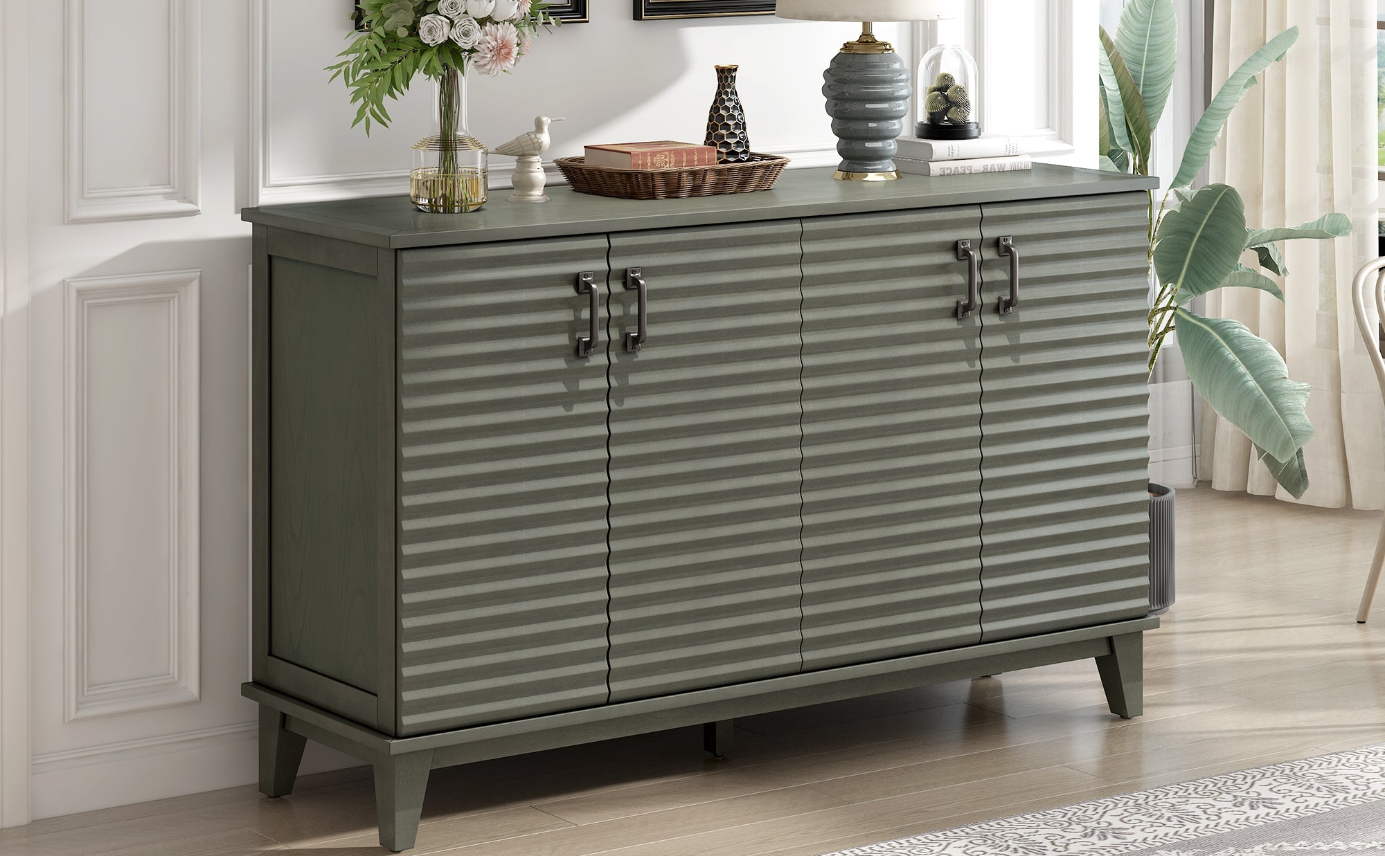 TREXM side panel with 4-door large storage buffet, adjustable shelves and metal handles (antique gray)