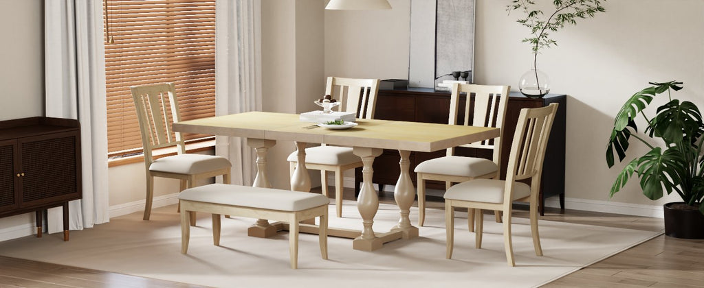 Traditional 6-Piece 78inch Trestle Extendable Dining Table Set with One 18inch Removable Leaf Padded Dining Chairs Bench,Natural
