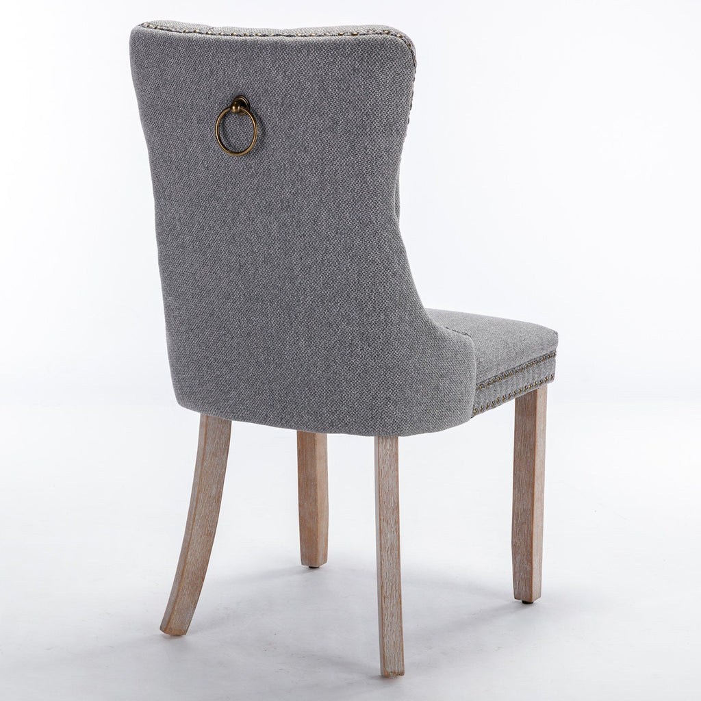 High-end Tufted Solid Wood Contemporary Flax Upholstered Linen Dining Chair with Wood Legs Nailhead Trim 2-Pcs Set Gray