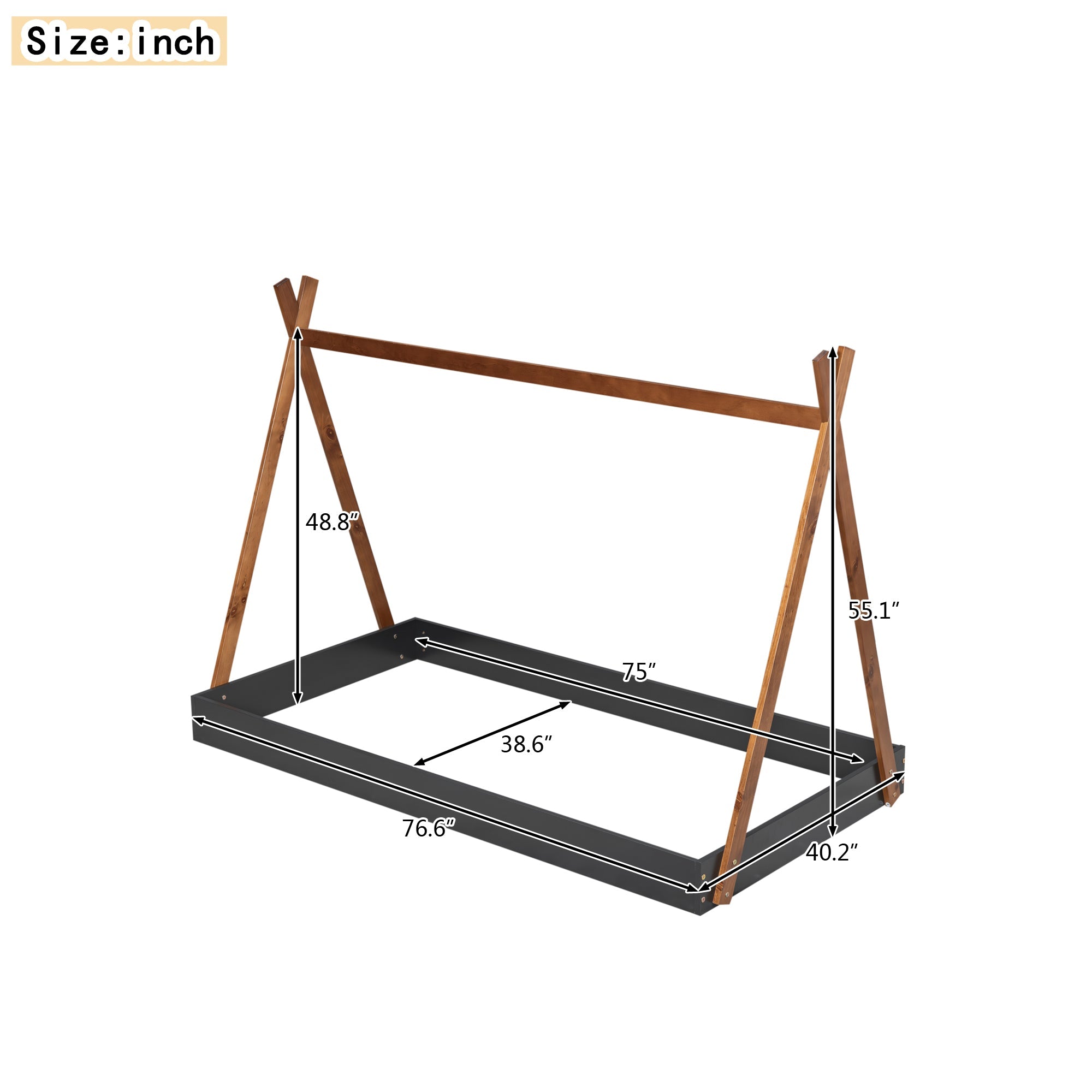 Twin Size Tent Floor Bed with Triangle Structure, Black+Brown