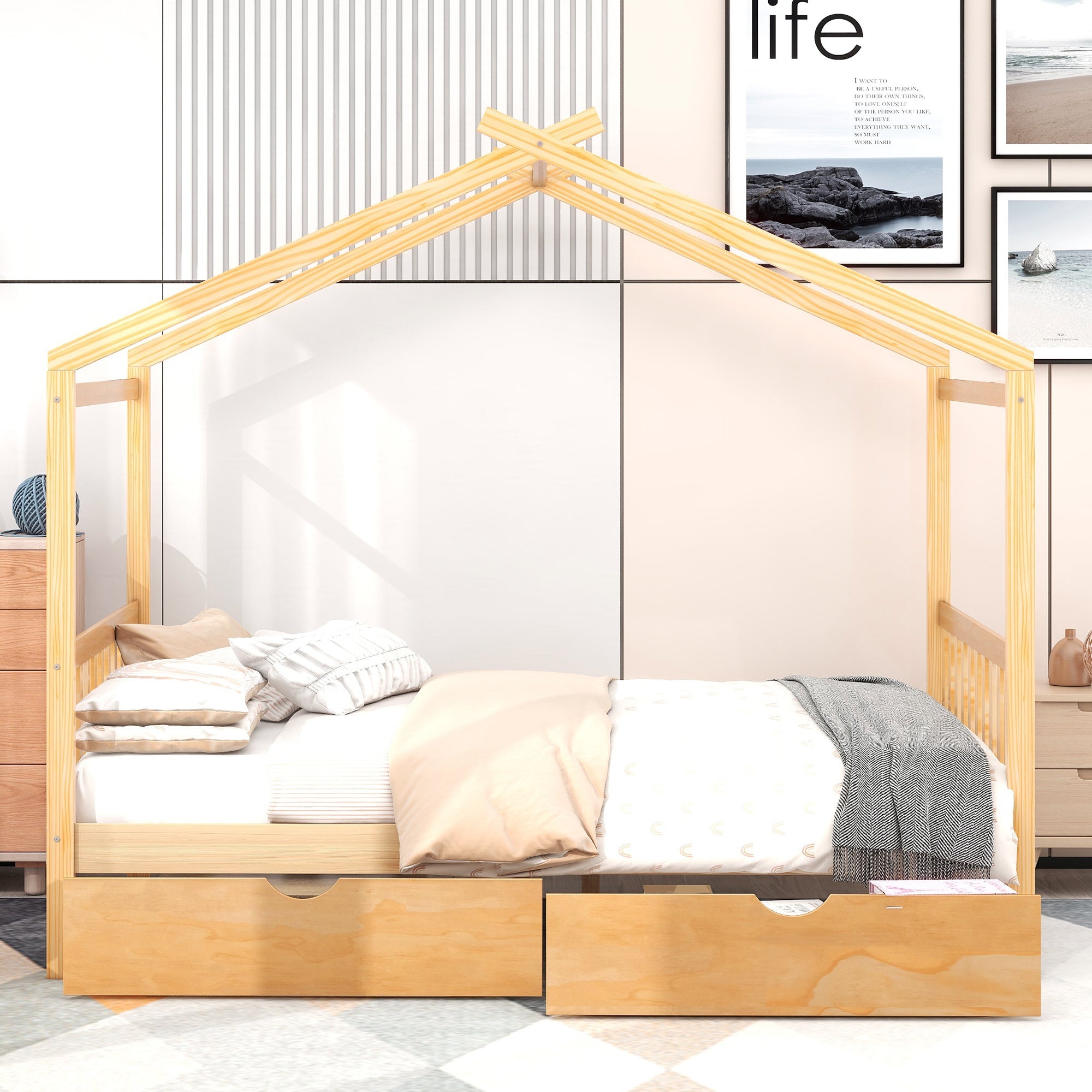 Full Size House Platform Bed with Two Drawers,Headboard and Footboard Roof Design Natural
