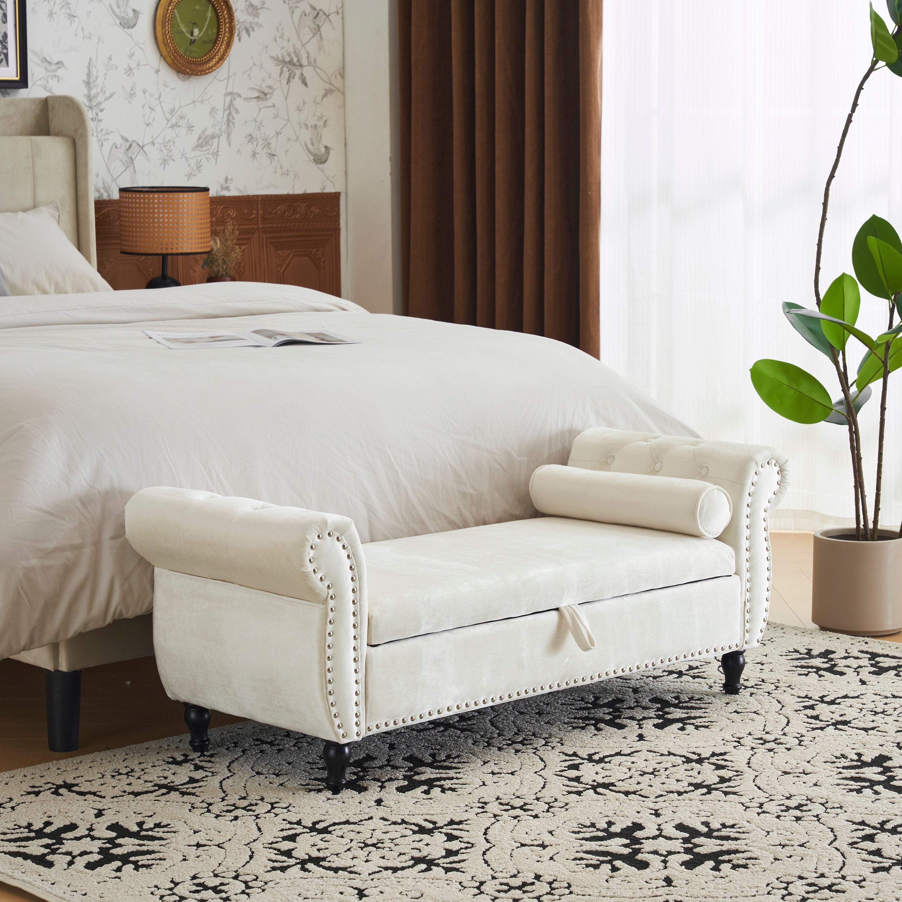 Velvet Multifunctional Storage Rectangular ottoman bench with 1 Pillow, Beige
