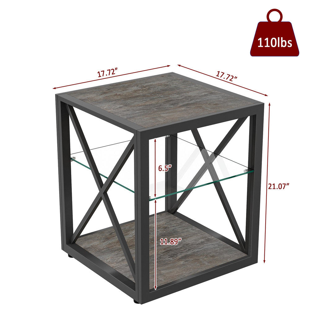 Modern End Table Nightstand with Tempered Glass & Wood Grain MDF
