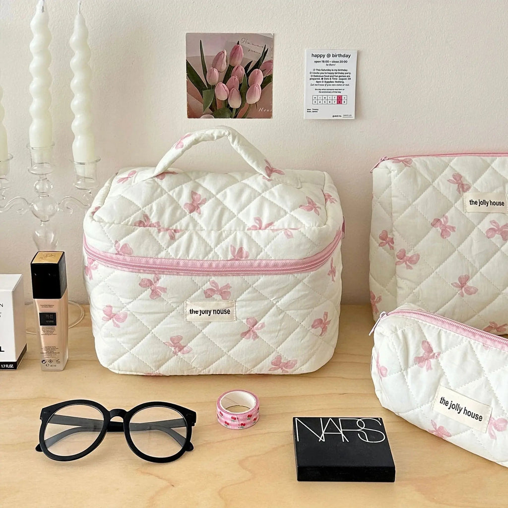 Cute Bow Flower Quilting Cotton Makeup Bag Women Zipper Cosmetic Organizer Female Cloth Handbag Portable Toiletry Case for Girls