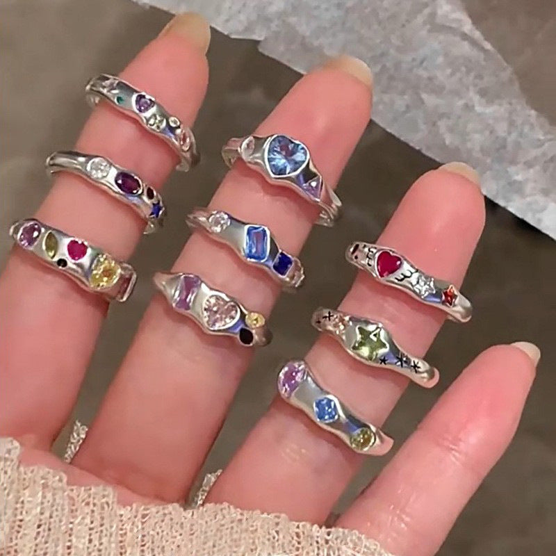Dopamine love colored zircon diamond ring female niche index finger high-end fashion personality open ring