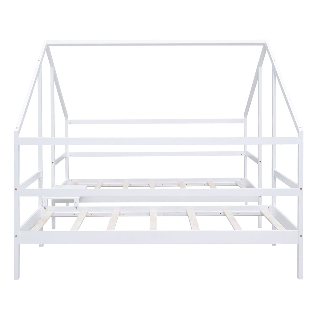 Double Twin Size Triangular House Beds with Built-in Table White