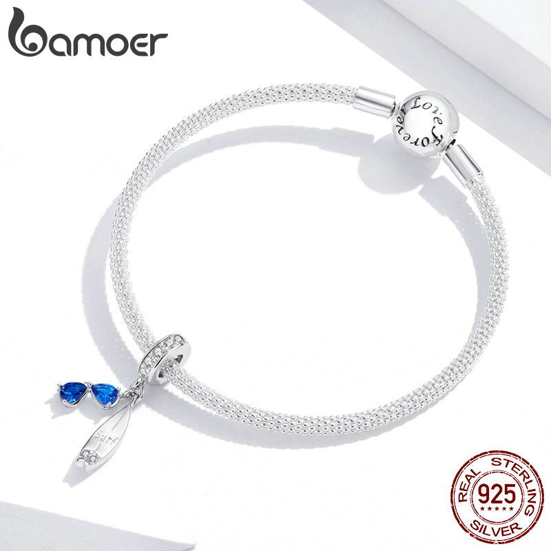 bamoer 2020 Summer Series Surfing with Sunglass Pendant Charm for Bracelet 925 Sterling Silver DIY Jewelry Accessories BSC263