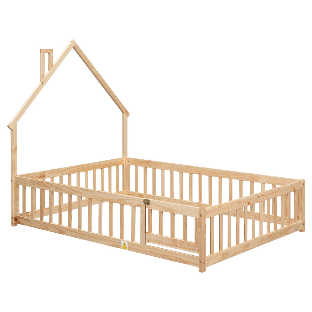 Full House-Shaped Headboard Floor Bed with Fence Natural